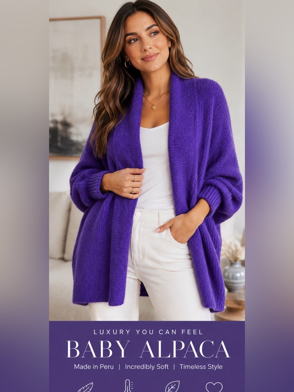 NWT BABY ALPACA CARDIGAN PURPLE OPEN FRONT SHAWL COLLAR Made in Peru S/M LUXARY